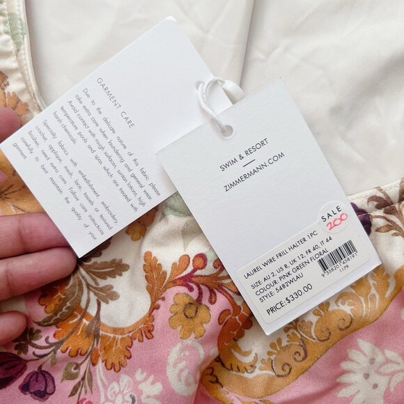 Zimmermann Laurel Wire Frill Halter One Piece Pink Floral Swimsuit Size 2 US 8 - Picture 7 of 11